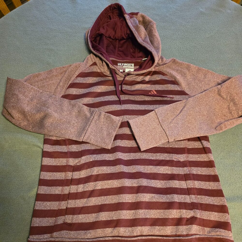 Adidas Ultimate Hoodie Sweatshirt Womens M Maroon Striped Climawarm Fleece Lined